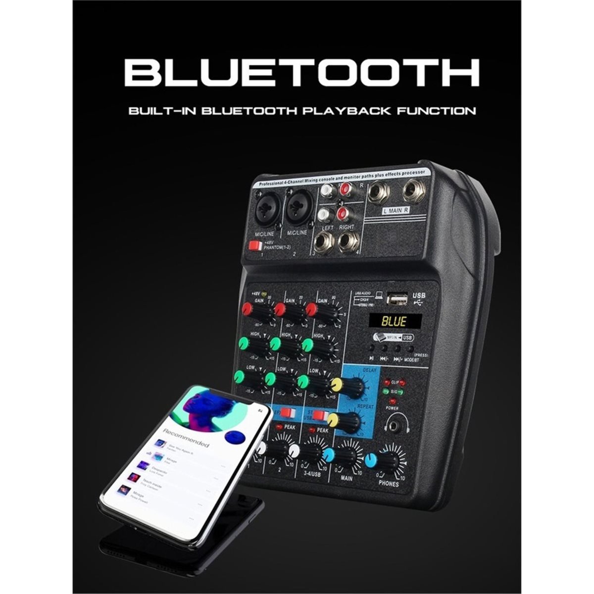 Studio Audio Interface With 48V Phantom - Mixer USB de 4 canais com